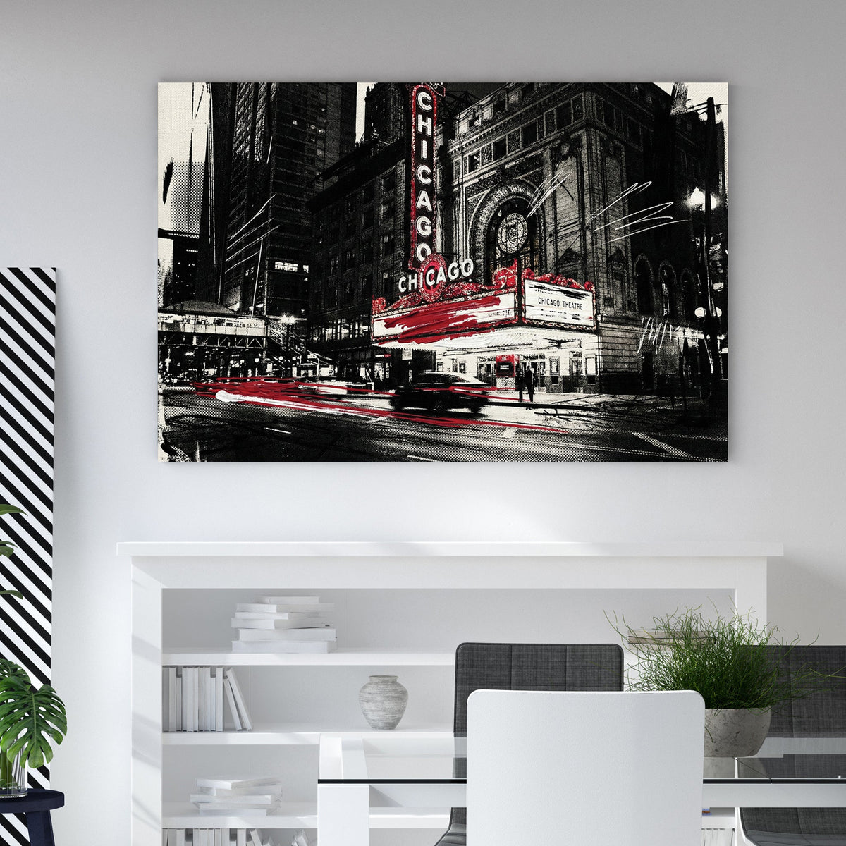 Street art style wall art of the Chicago Theatre marquee in black, white, and red.