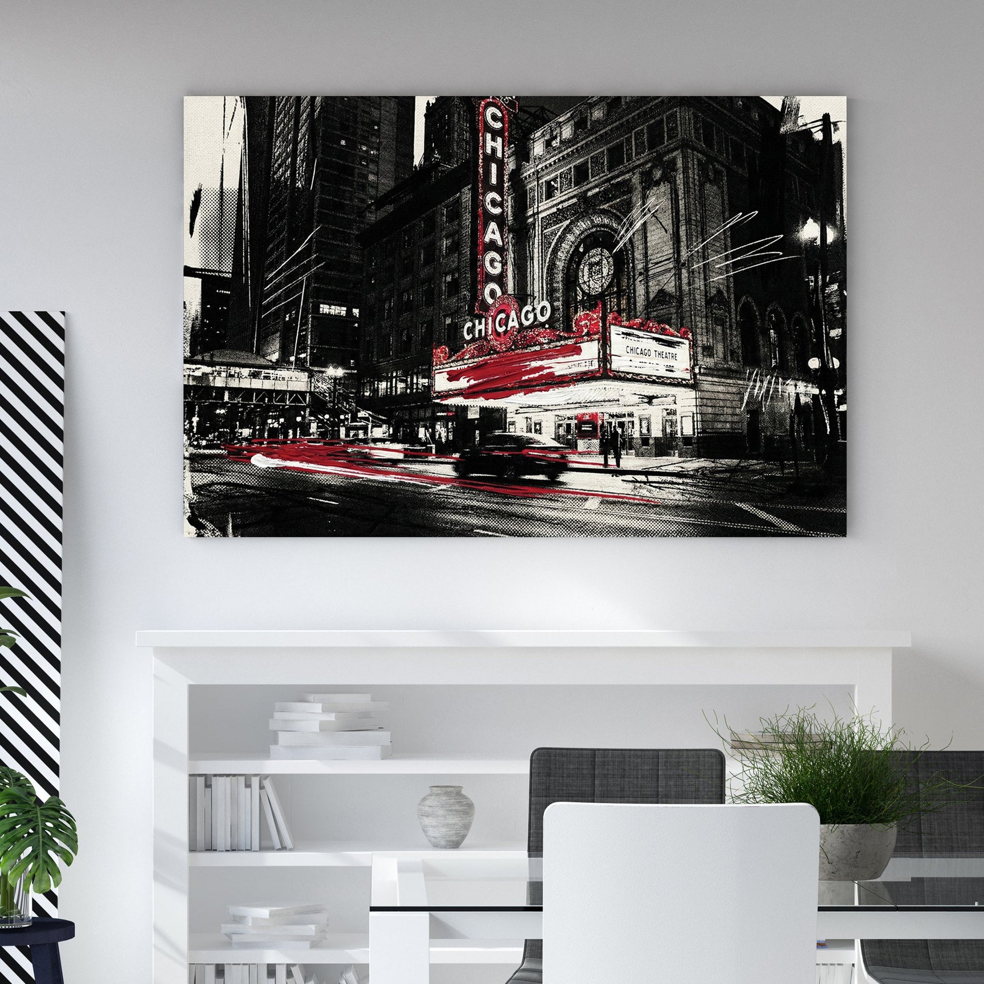 Street art style wall art of the Chicago Theatre marquee in black, white, and red.