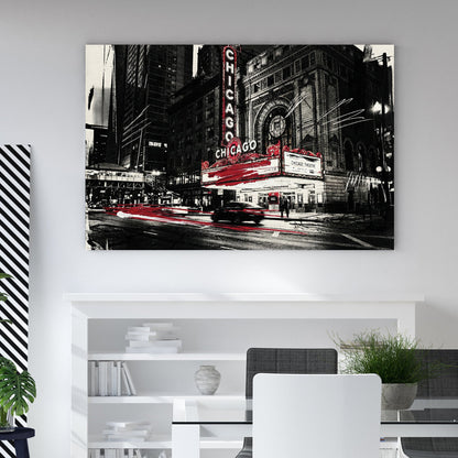 Street art style wall art of the Chicago Theatre marquee in black, white, and red.