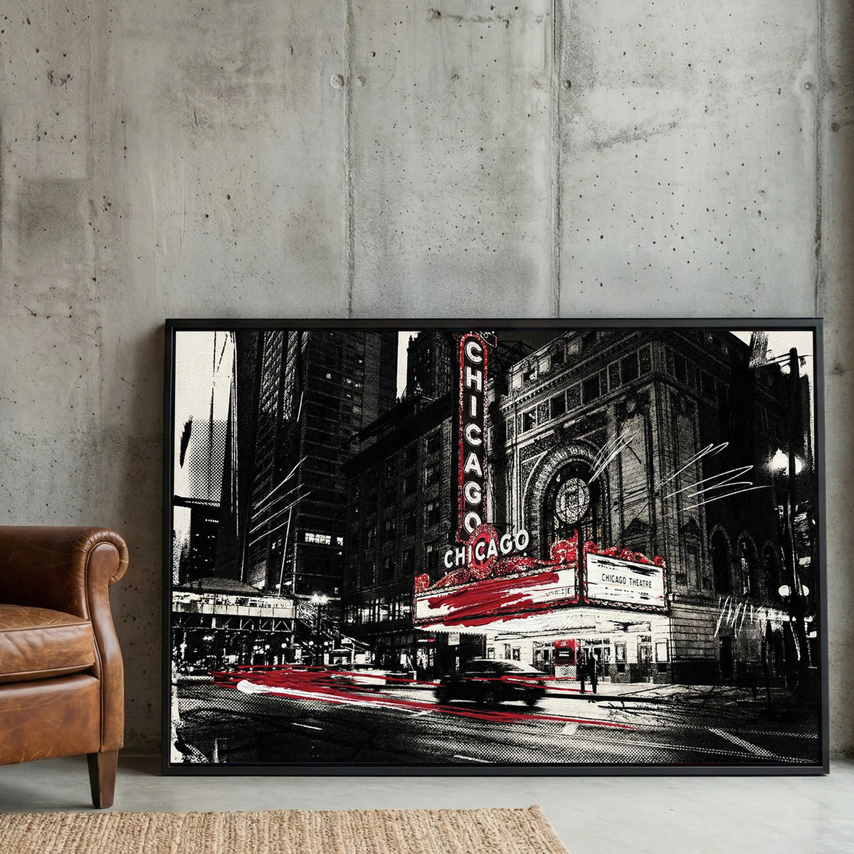 Street art style wall art of the Chicago Theatre marquee in black, white, and red.