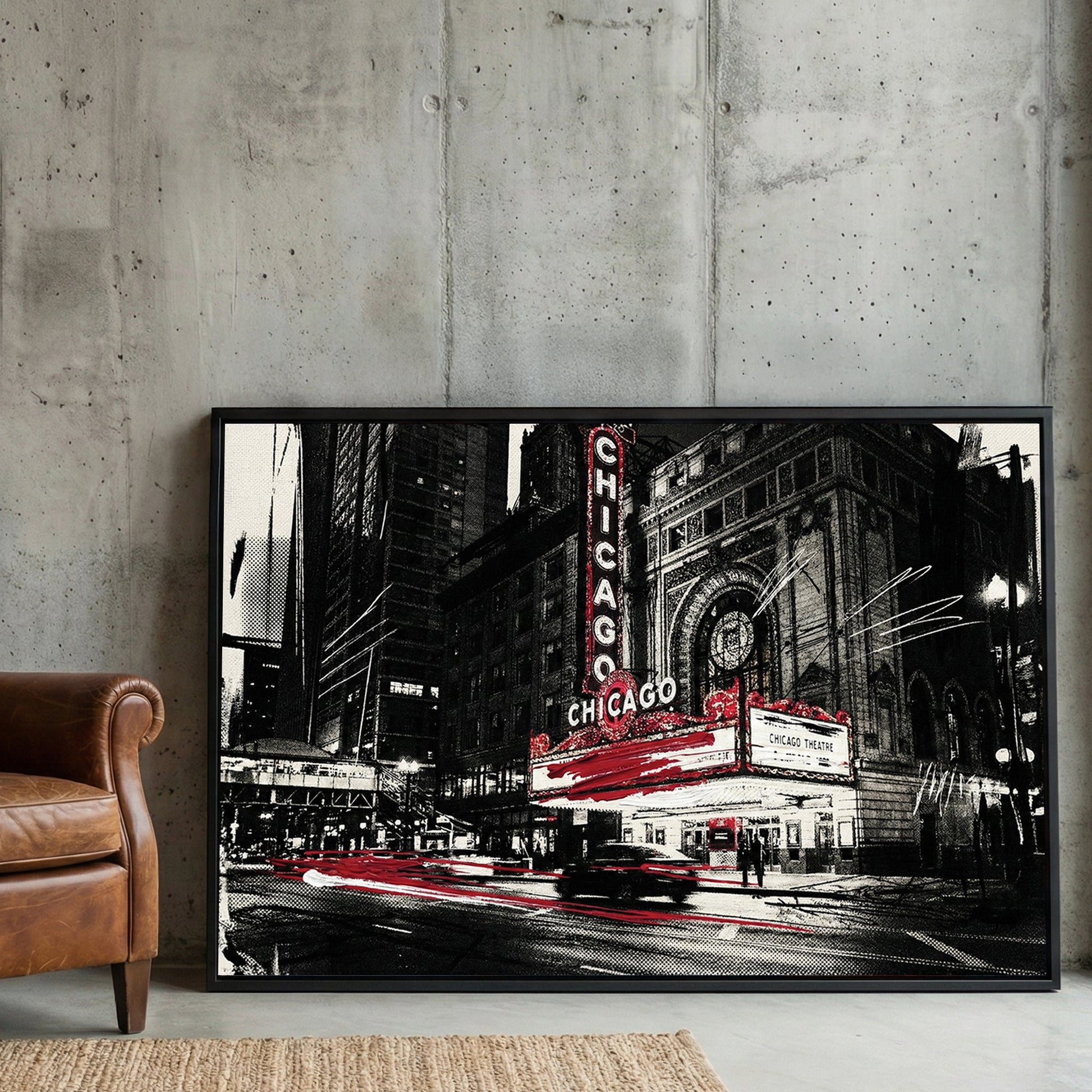 Street art style wall art of the Chicago Theatre marquee in black, white, and red.