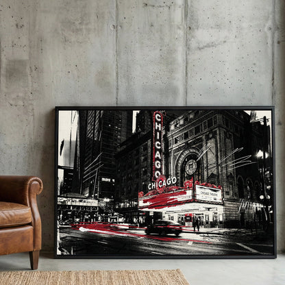 Street art style wall art of the Chicago Theatre marquee in black, white, and red.