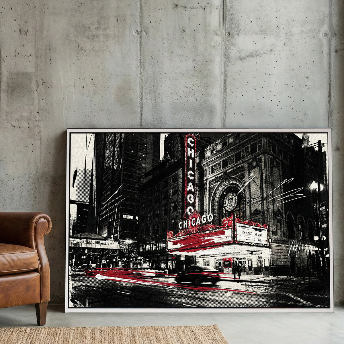 Street art style wall art of the Chicago Theatre marquee in black, white, and red.