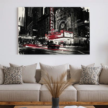 Street art style wall art of the Chicago Theatre marquee in black, white, and red.