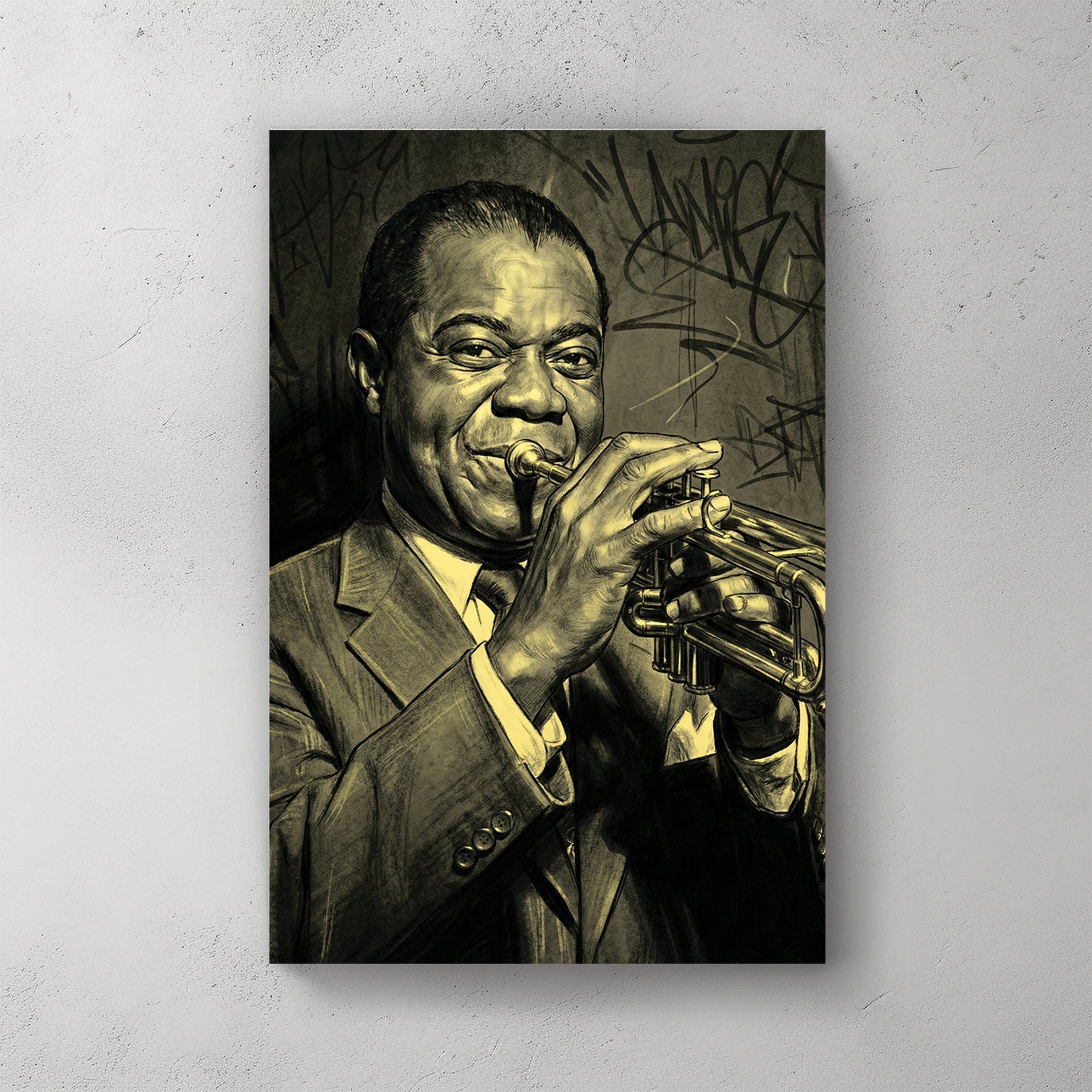 Louis Armstrong wall art featuring the jazz legend with a trumpet and urban graffiti background.