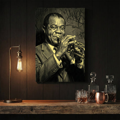 Louis Armstrong wall art featuring the jazz legend with a trumpet and urban graffiti background.