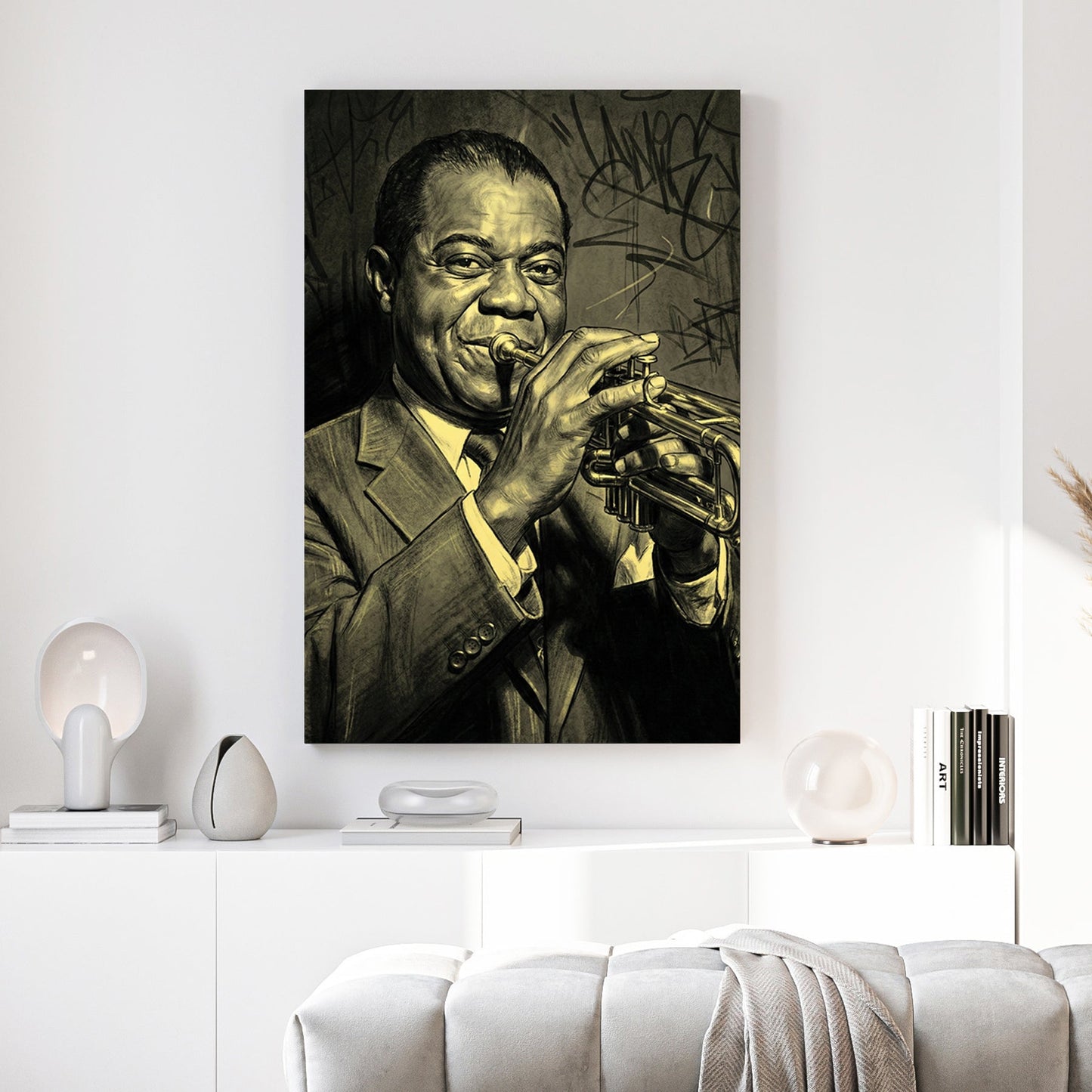 Louis Armstrong wall art featuring the jazz legend with a trumpet and urban graffiti background.