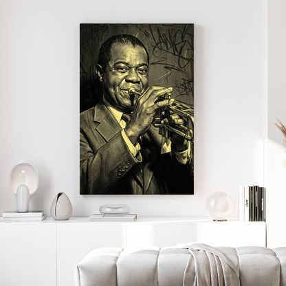 Louis Armstrong wall art featuring the jazz legend with a trumpet and urban graffiti background.