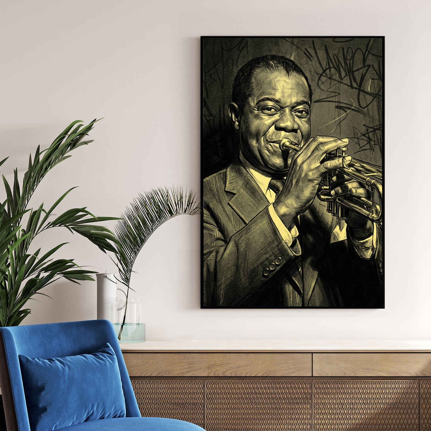 Louis Armstrong wall art featuring the jazz legend with a trumpet and urban graffiti background.
