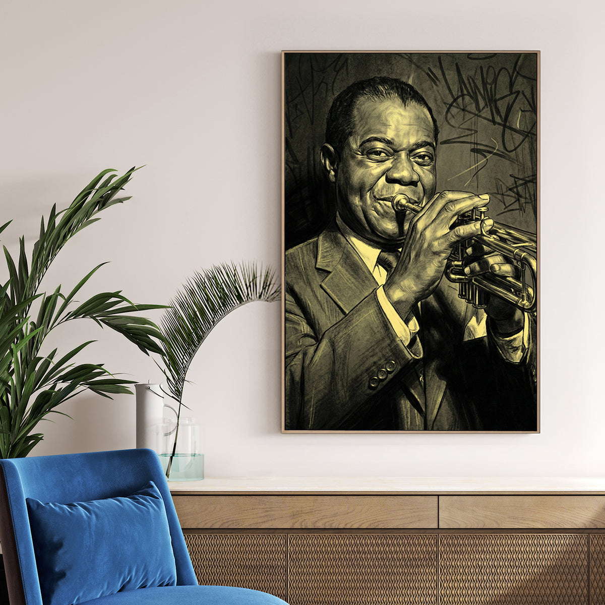 Louis Armstrong wall art featuring the jazz legend with a trumpet and urban graffiti background.
