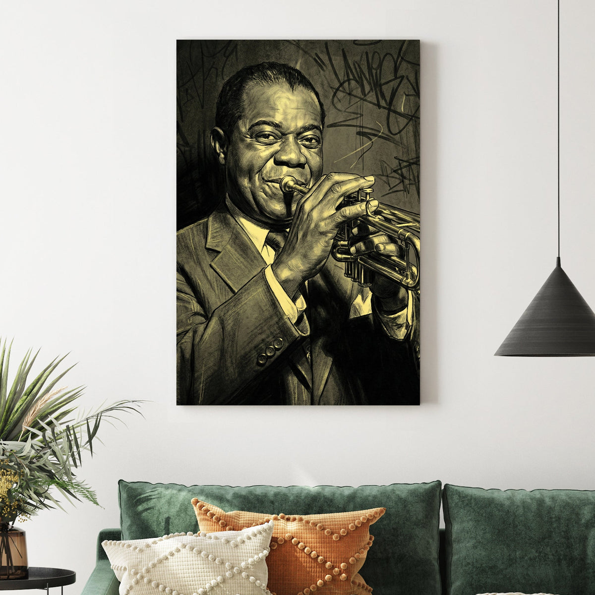 Louis Armstrong wall art featuring the jazz legend with a trumpet and urban graffiti background.