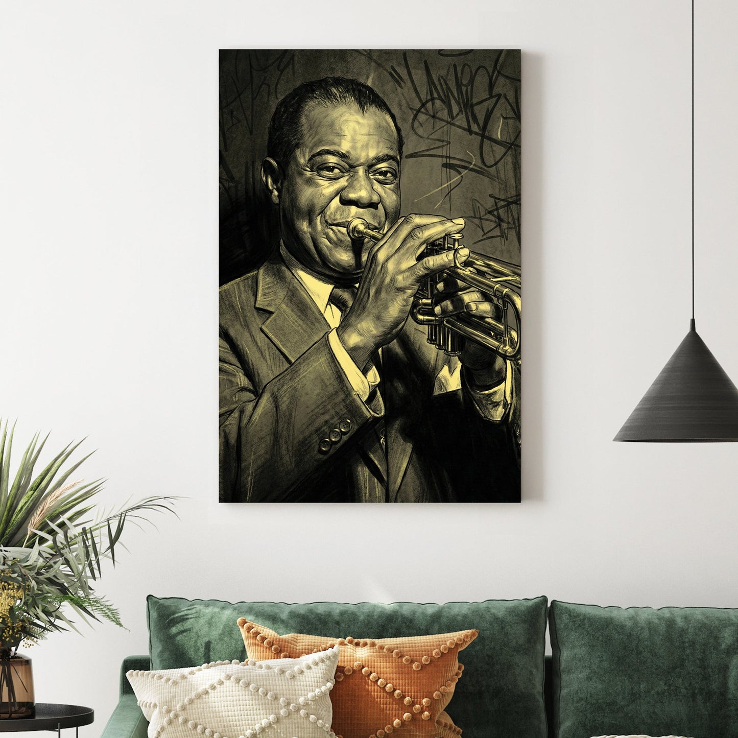 Louis Armstrong wall art featuring the jazz legend with a trumpet and urban graffiti background.