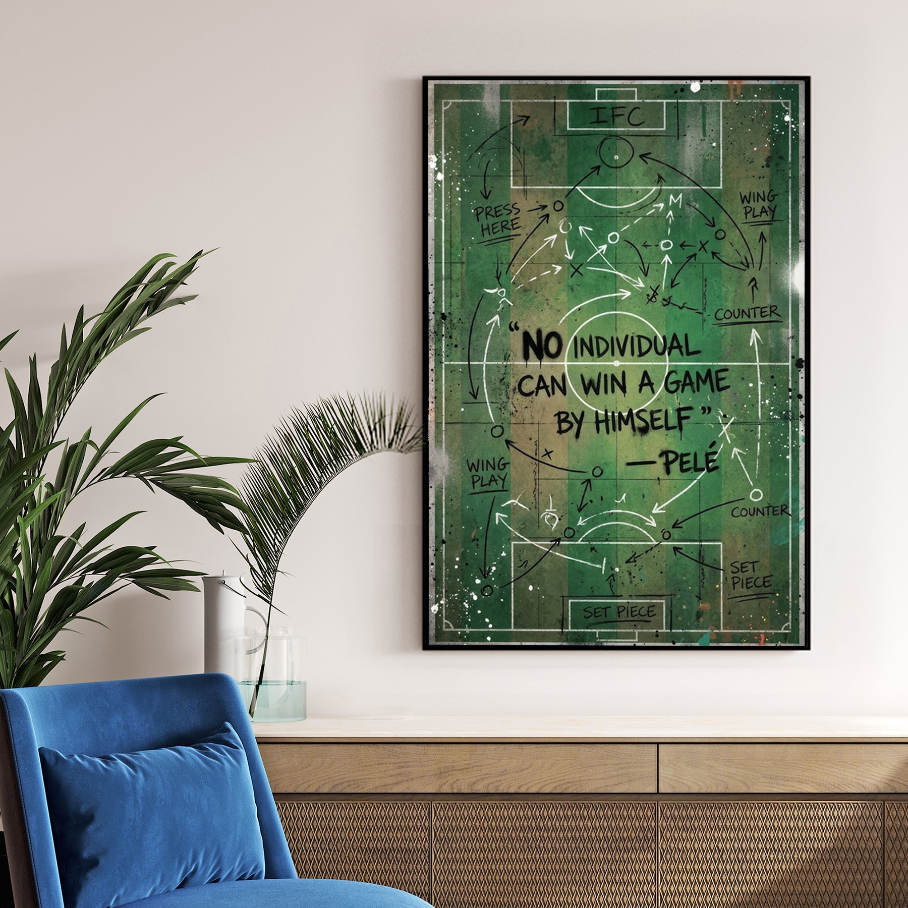 Pelé motivational quote on a green soccer pitch street art wall art.