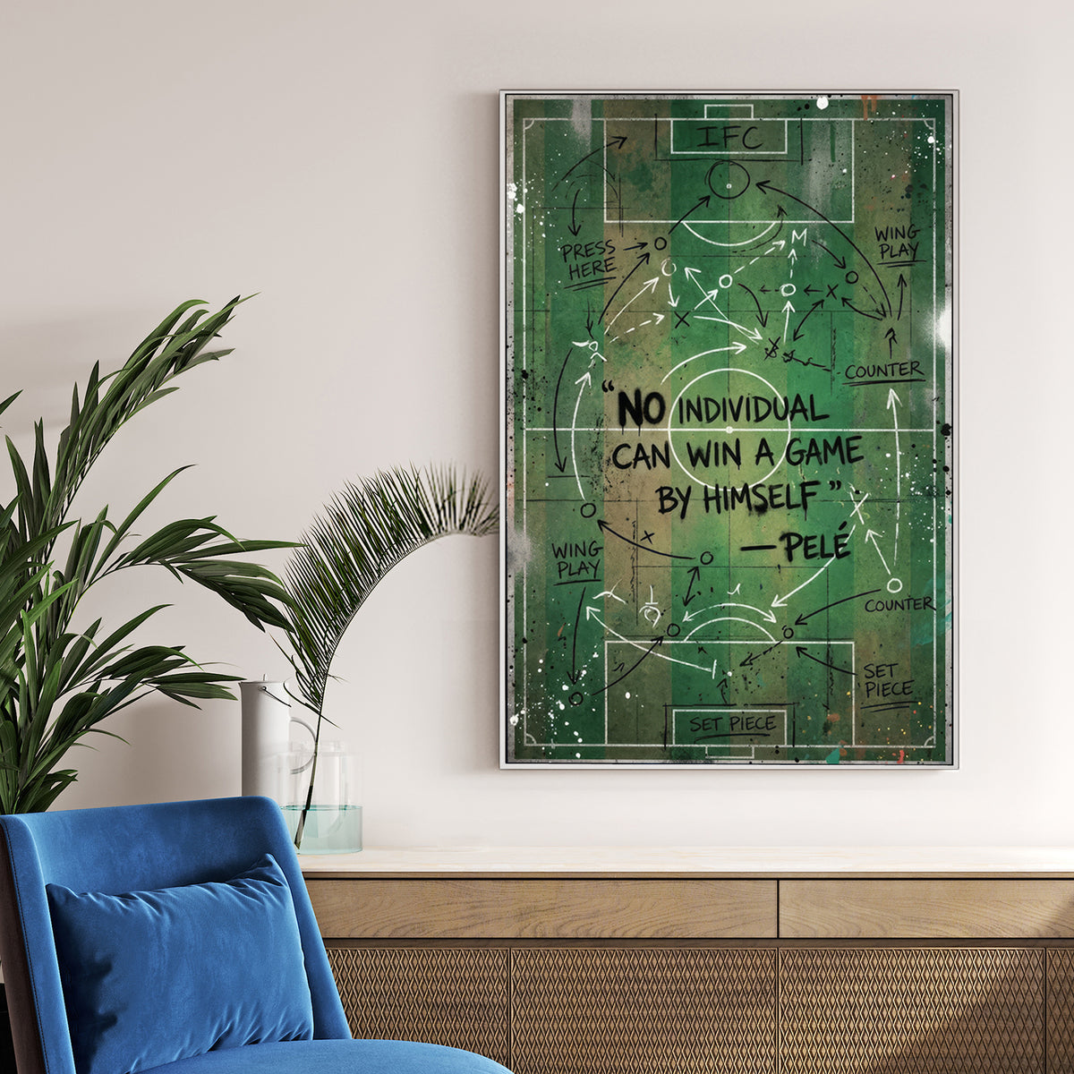 Pelé motivational quote on a green soccer pitch street art wall art.