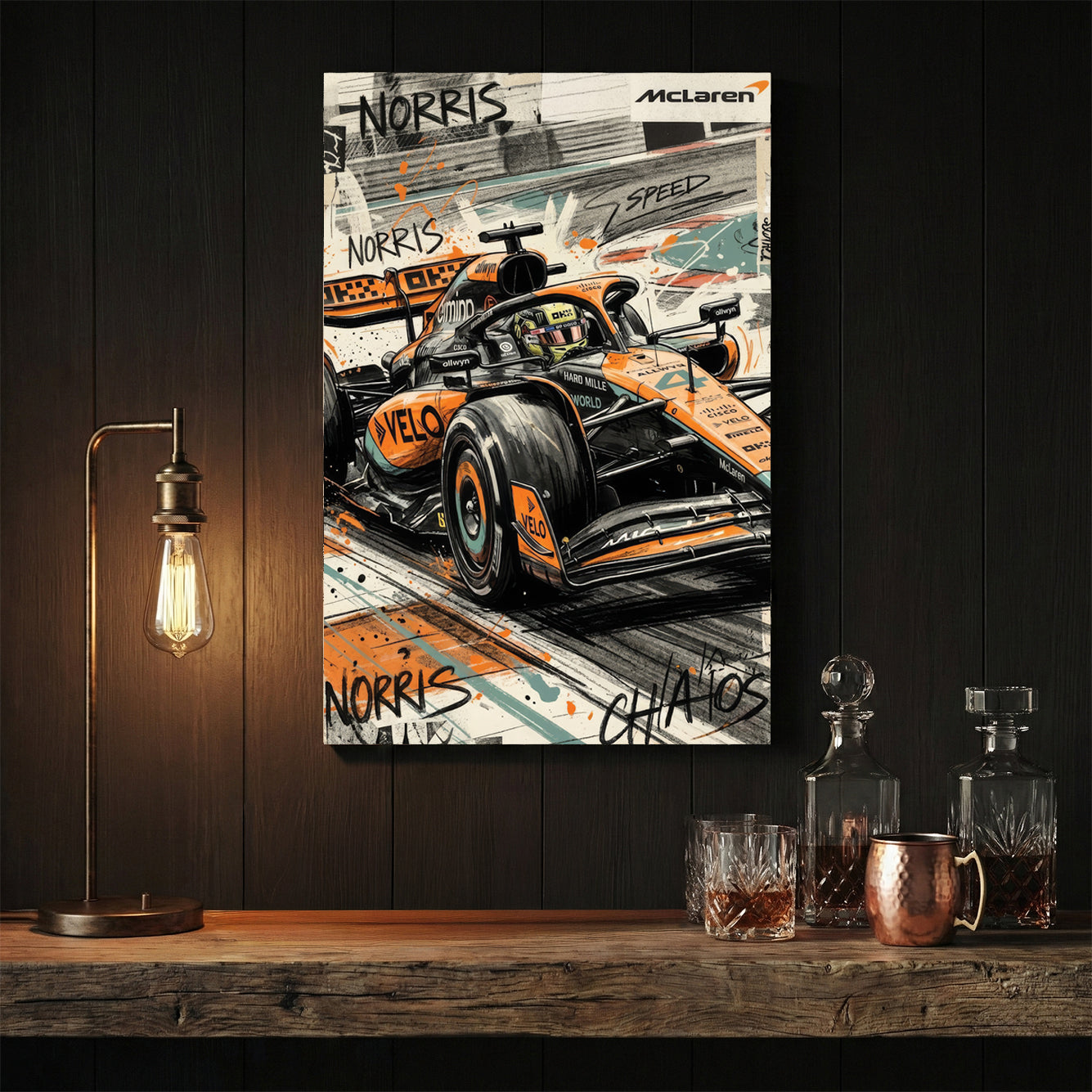 Lando Norris McLaren Formula 1 car in a street art style wall art print.