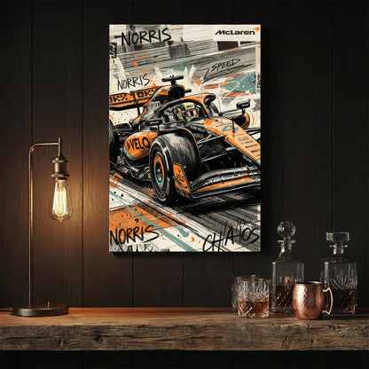 Lando Norris McLaren Formula 1 car in a street art style wall art print.