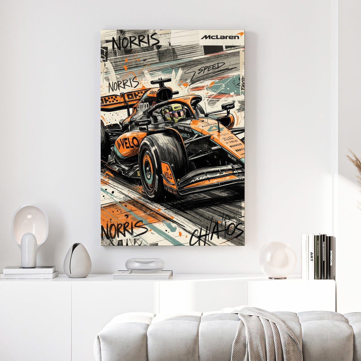 Lando Norris McLaren Formula 1 car in a street art style wall art print.