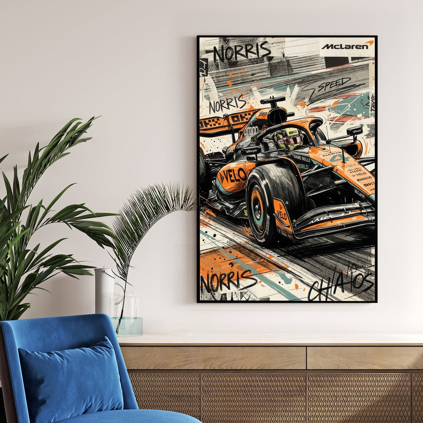 Lando Norris McLaren Formula 1 car in a street art style wall art print.