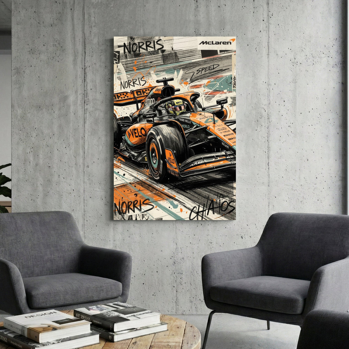 Lando Norris McLaren Formula 1 car in a street art style wall art print.