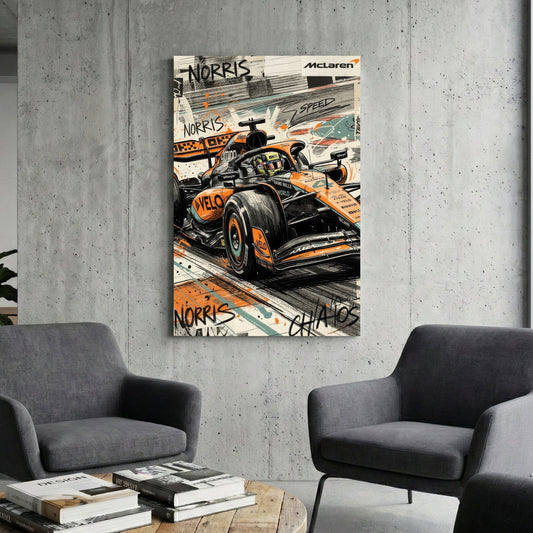 Lando Norris McLaren Formula 1 car in a street art style wall art print.