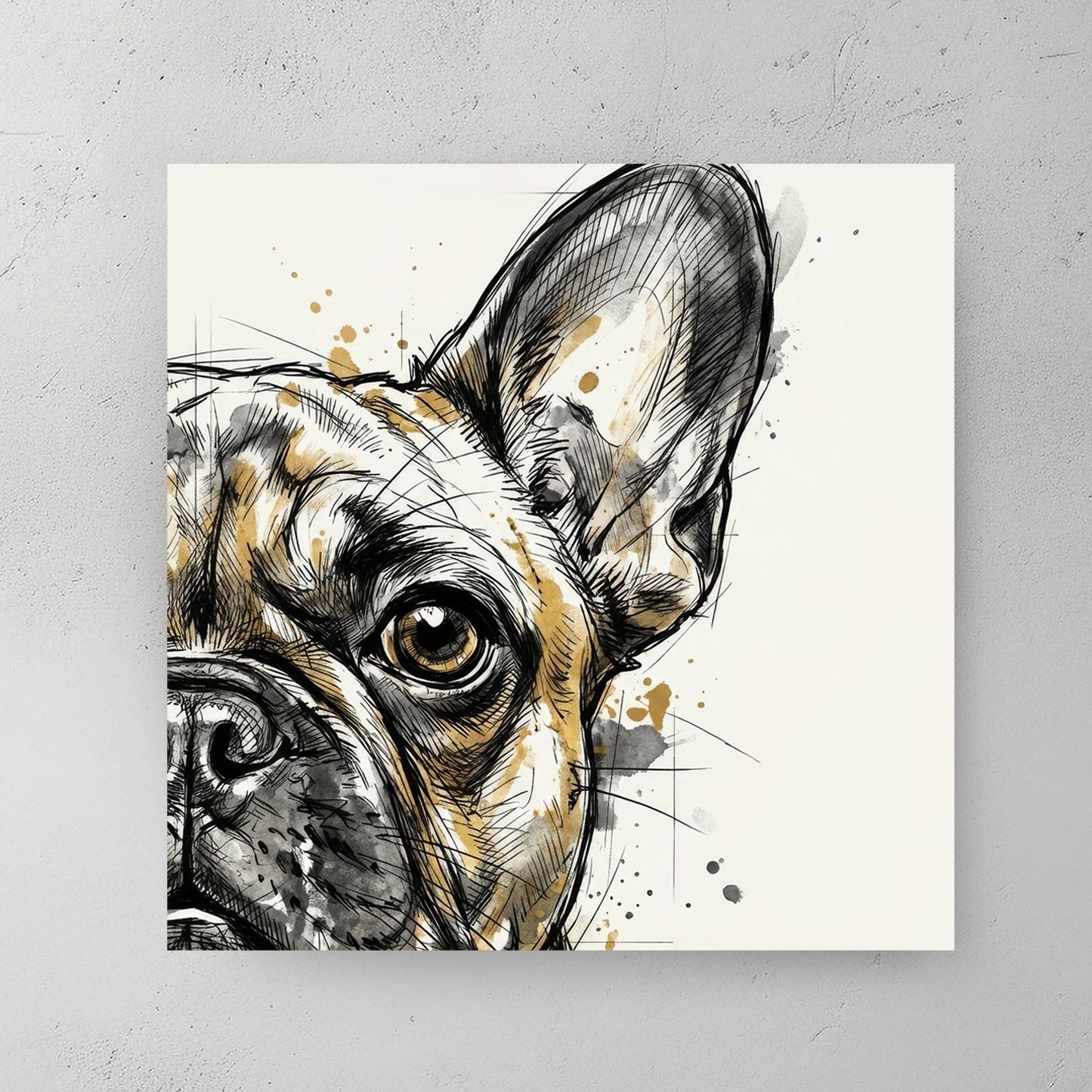 Modern French Bulldog wall art in a watercolour sketch style with tan and black tones.
