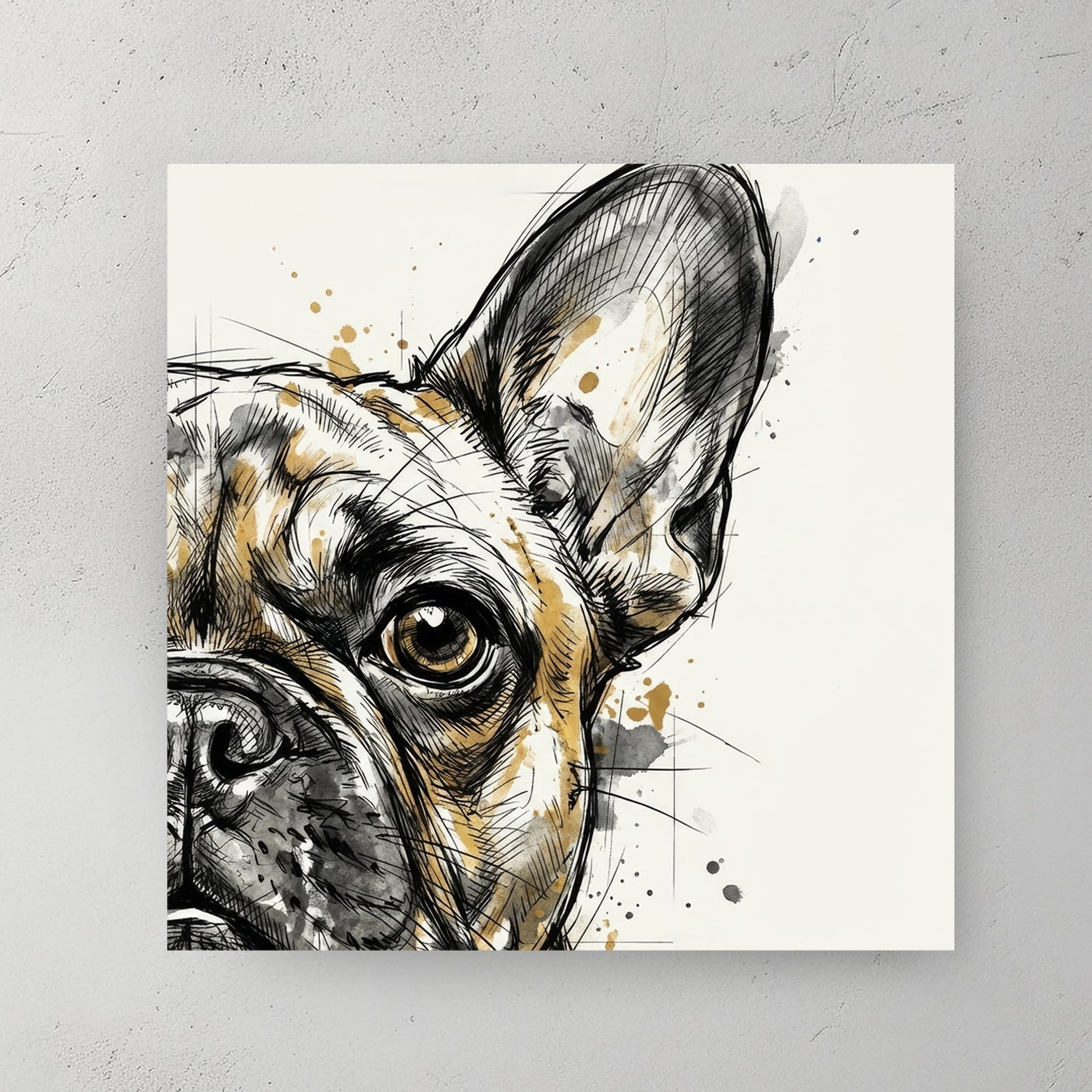 Modern French Bulldog wall art in a watercolour sketch style with tan and black tones.