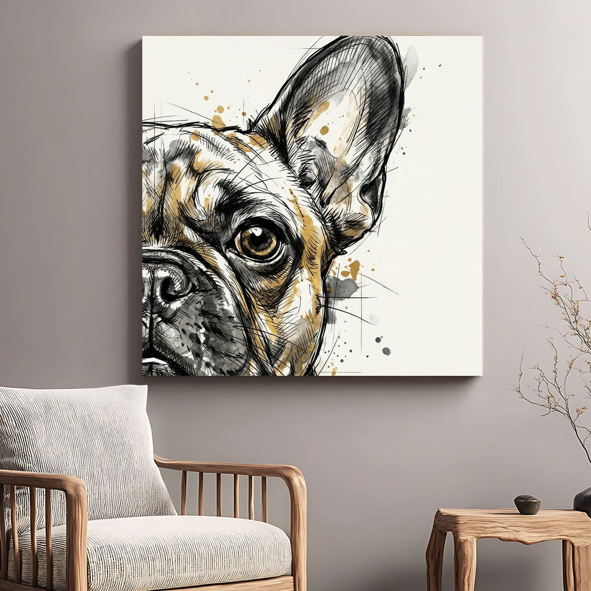 Modern French Bulldog wall art in a watercolour sketch style with tan and black tones.