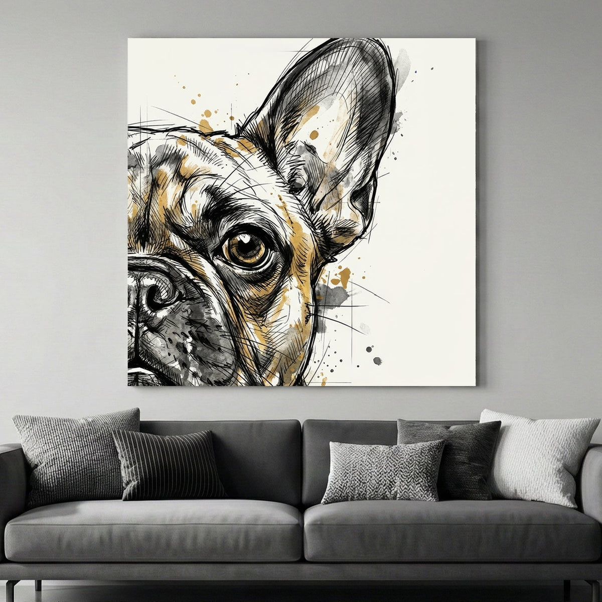 Modern French Bulldog wall art in a watercolour sketch style with tan and black tones.