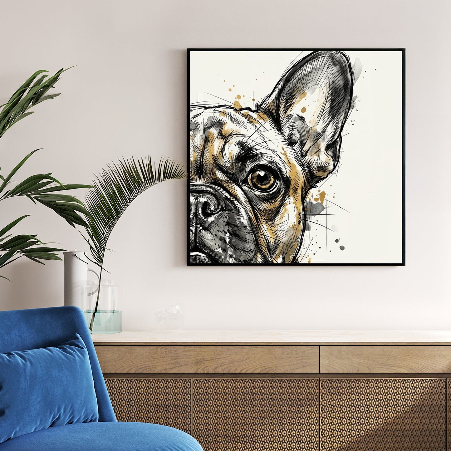 Modern French Bulldog wall art in a watercolour sketch style with tan and black tones.