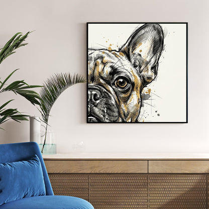 Modern French Bulldog wall art in a watercolour sketch style with tan and black tones.