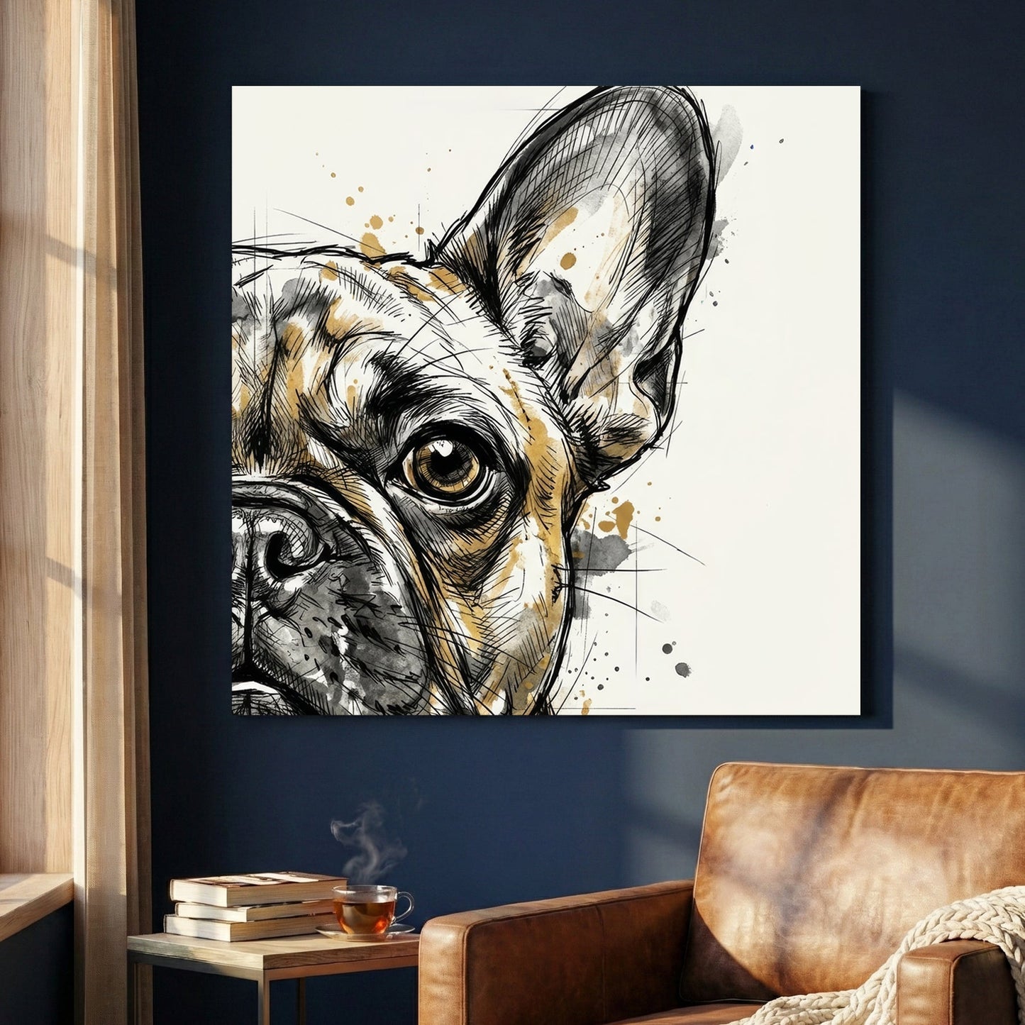 Modern French Bulldog wall art in a watercolour sketch style with tan and black tones.