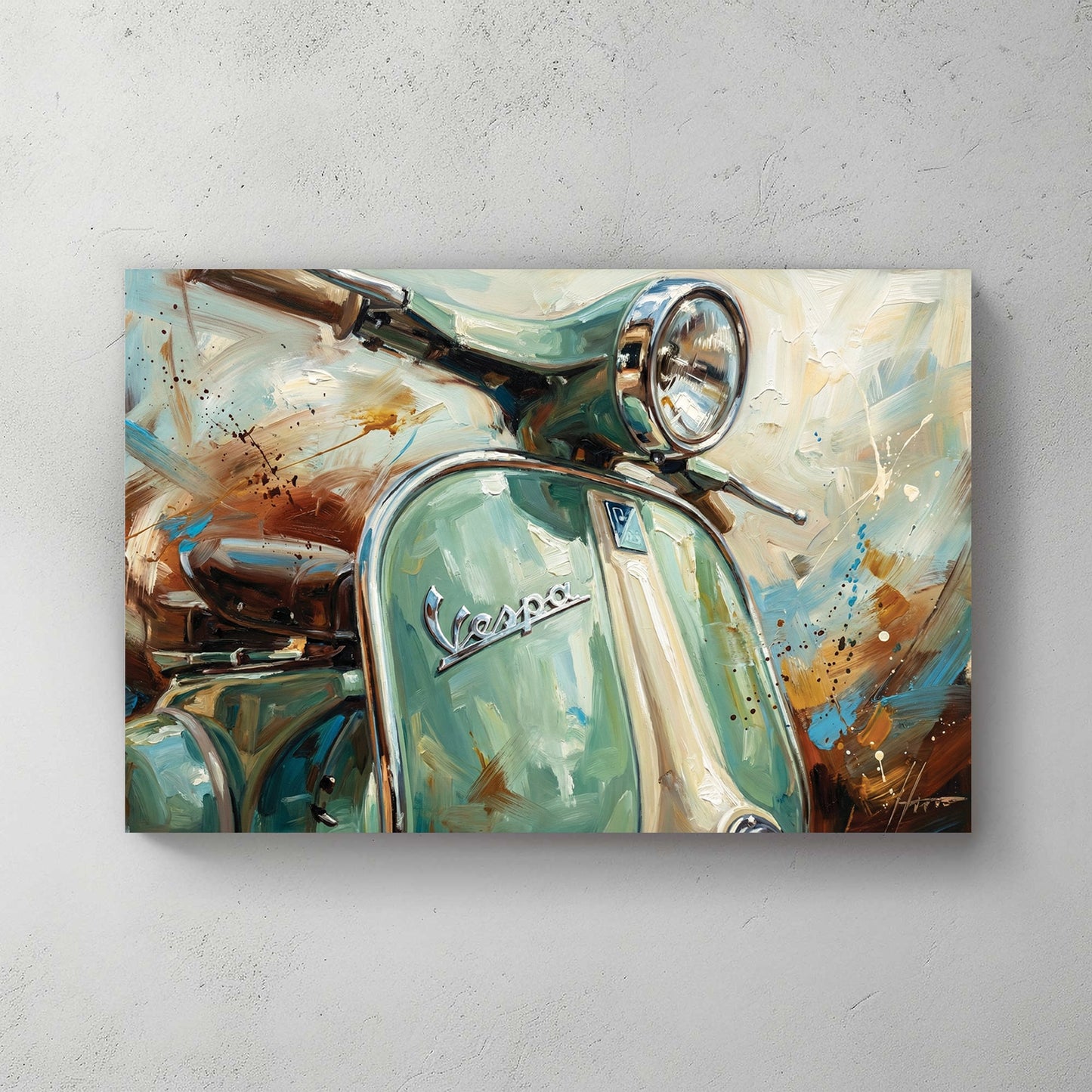 Impressionist painting of a green Vespa scooter wall art.