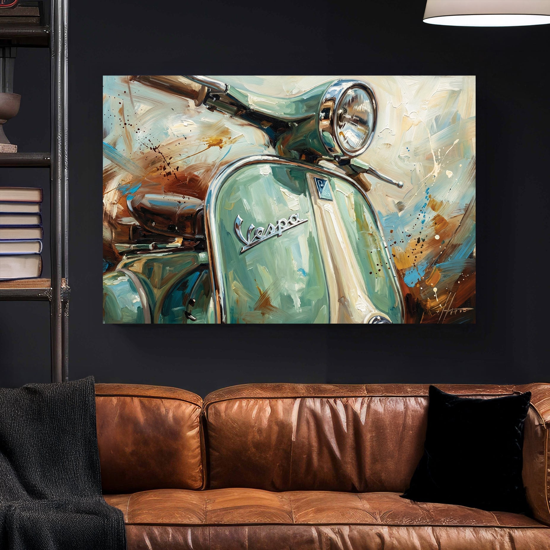 Impressionist painting of a green Vespa scooter wall art.