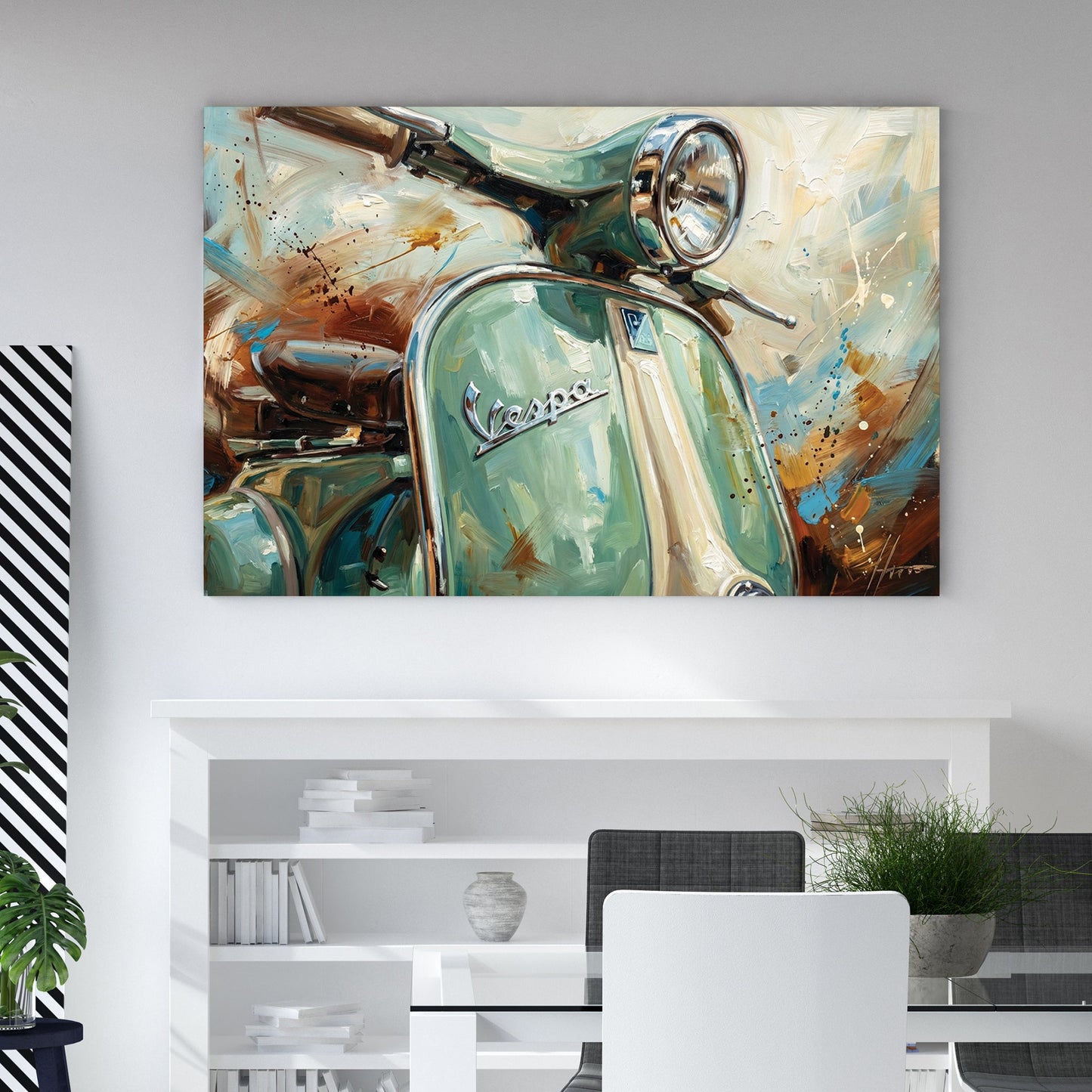 Impressionist painting of a green Vespa scooter wall art.