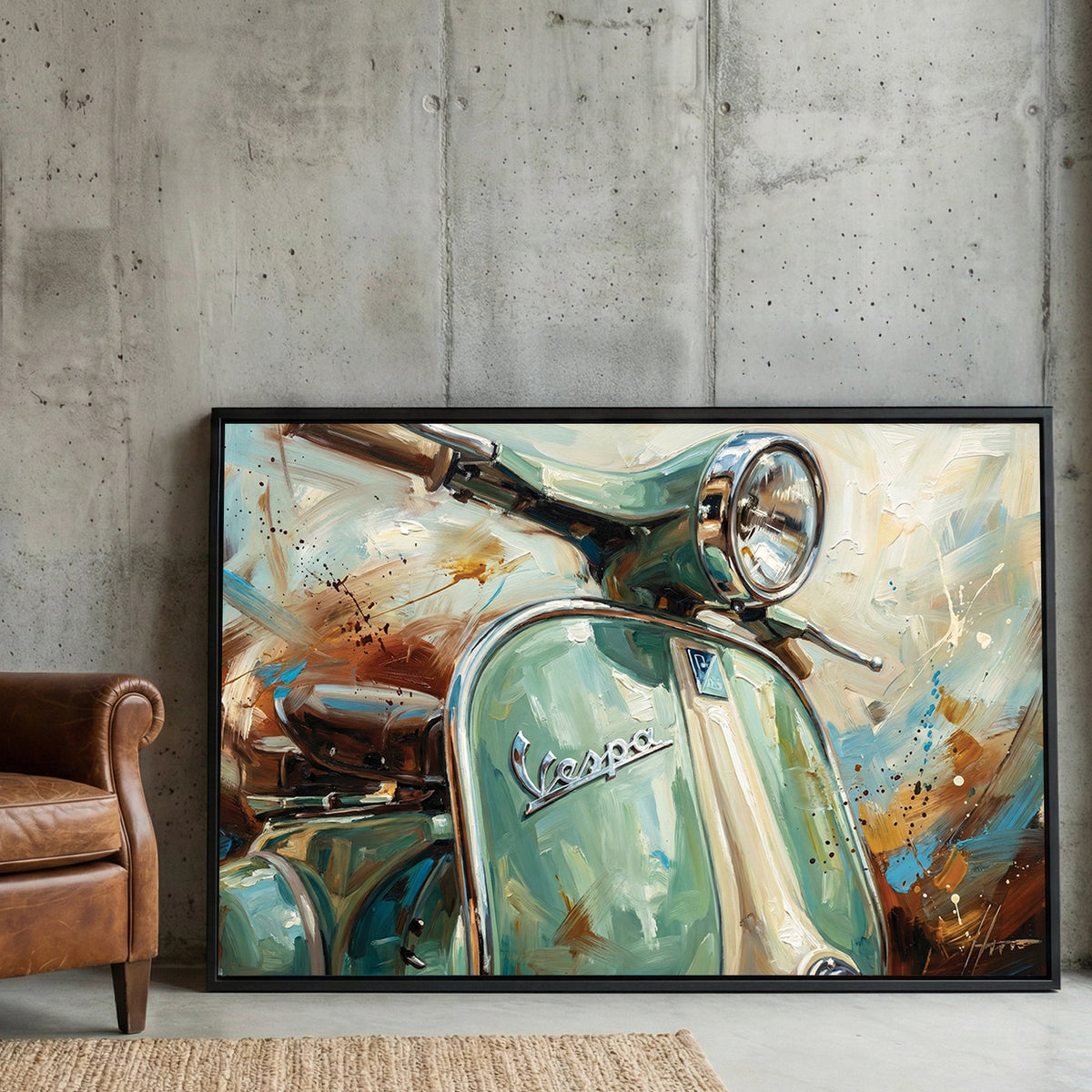 Impressionist painting of a green Vespa scooter wall art.