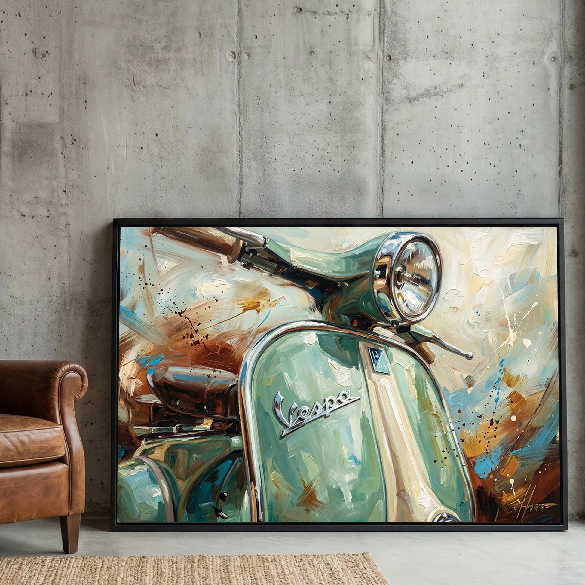 Impressionist painting of a green Vespa scooter wall art.