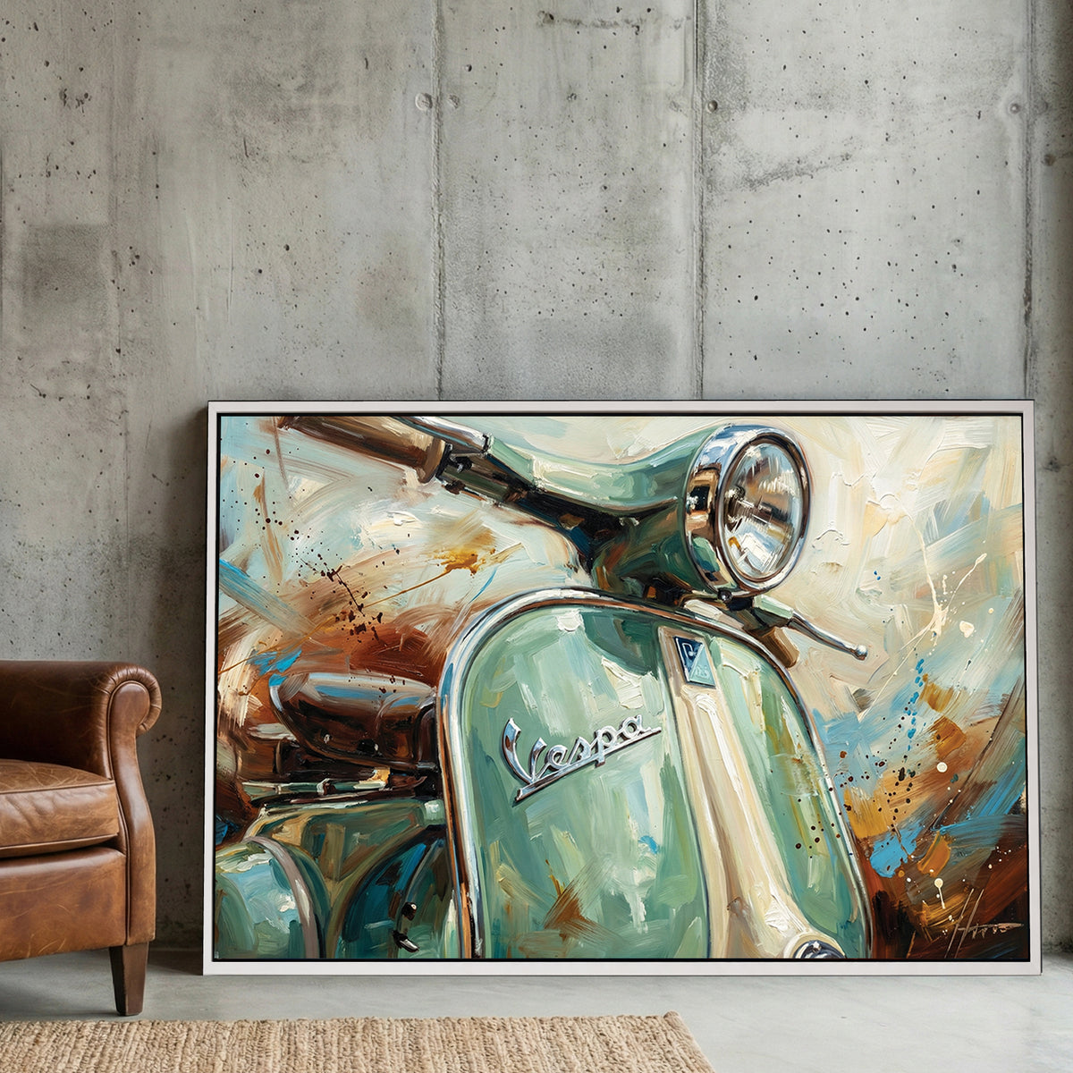 Impressionist painting of a green Vespa scooter wall art.