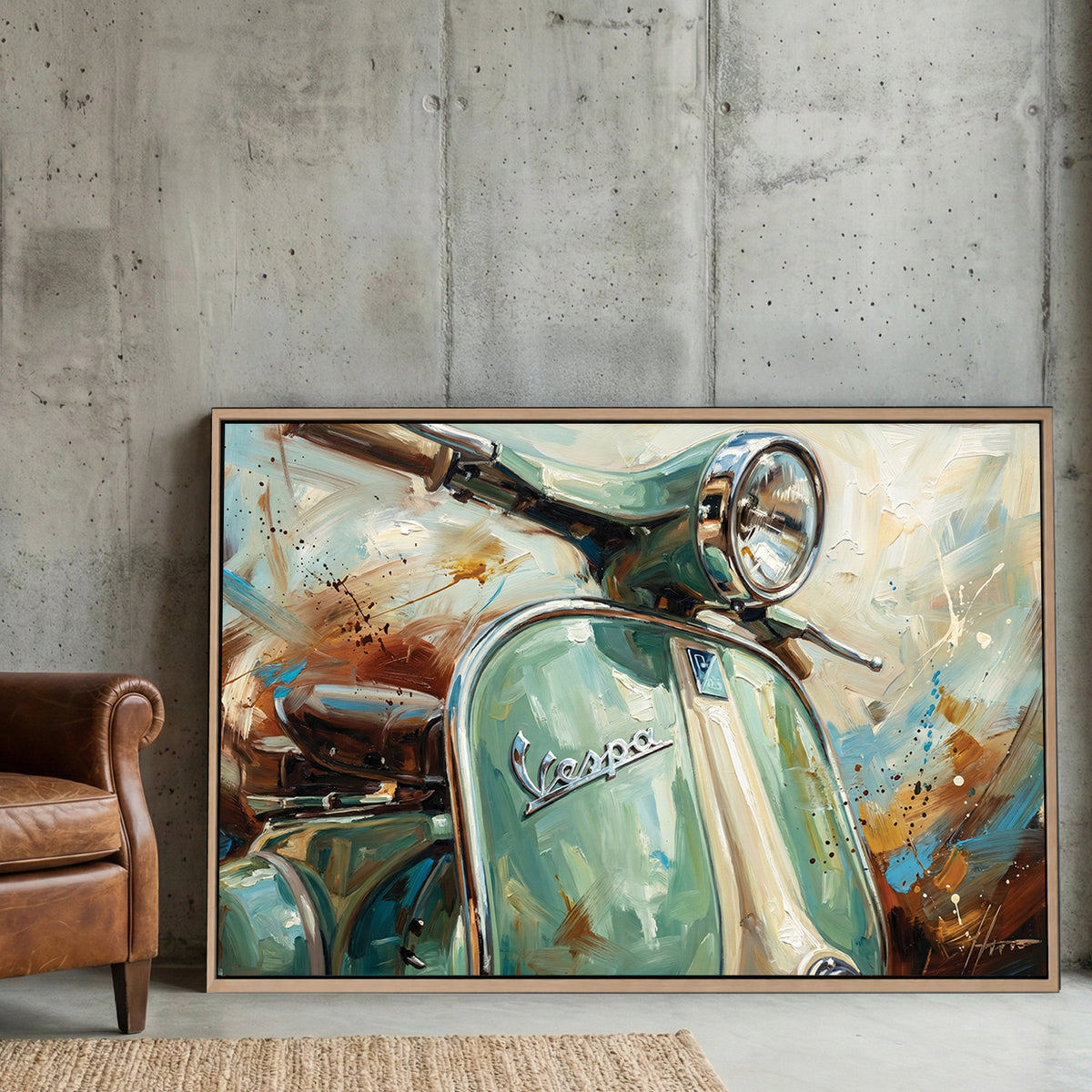 Impressionist painting of a green Vespa scooter wall art.