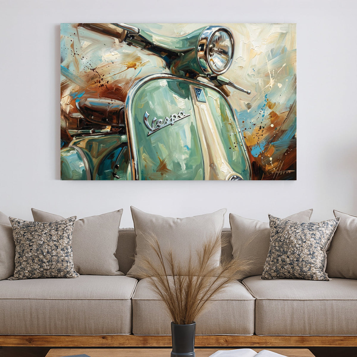 Impressionist painting of a green Vespa scooter wall art.