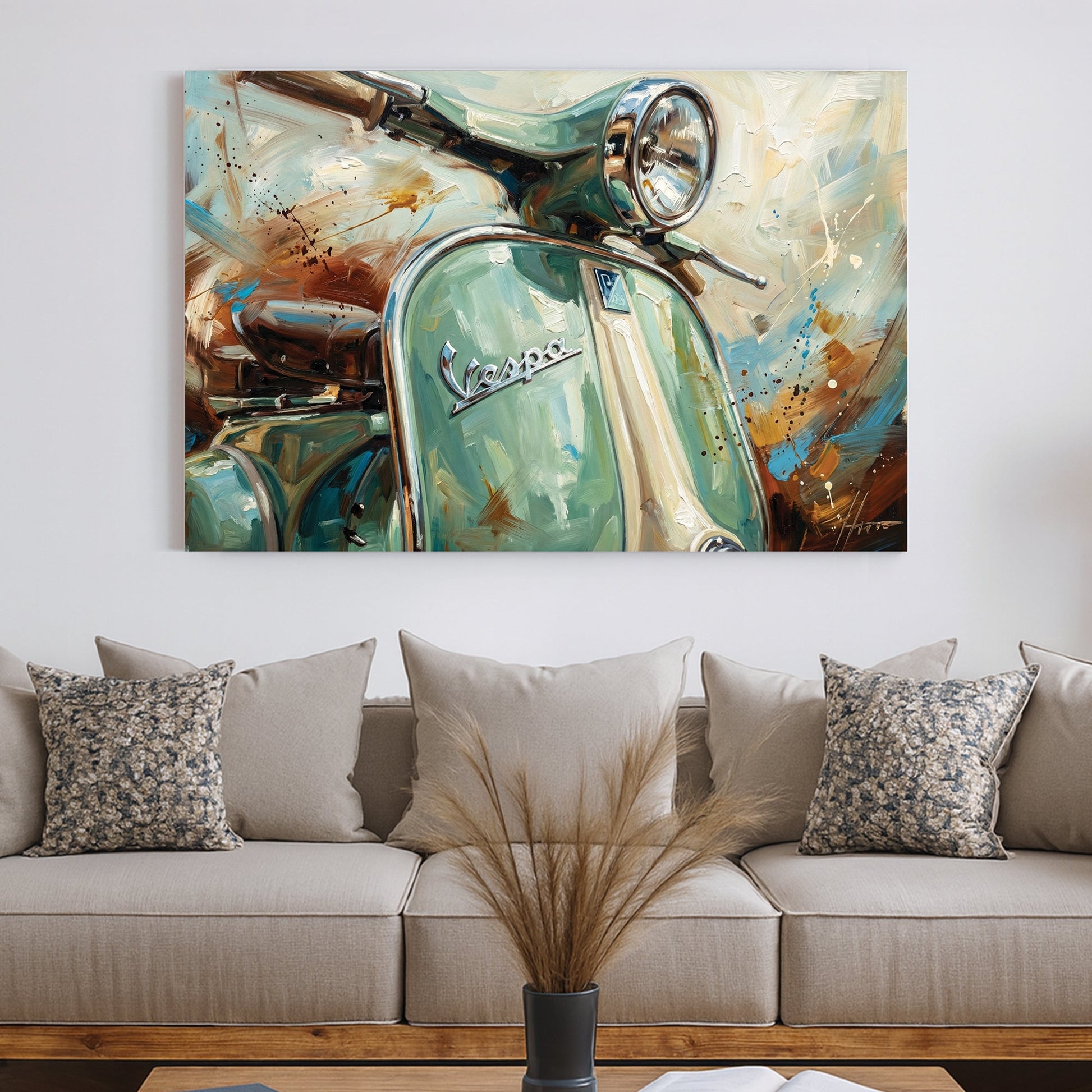 Impressionist painting of a green Vespa scooter wall art.