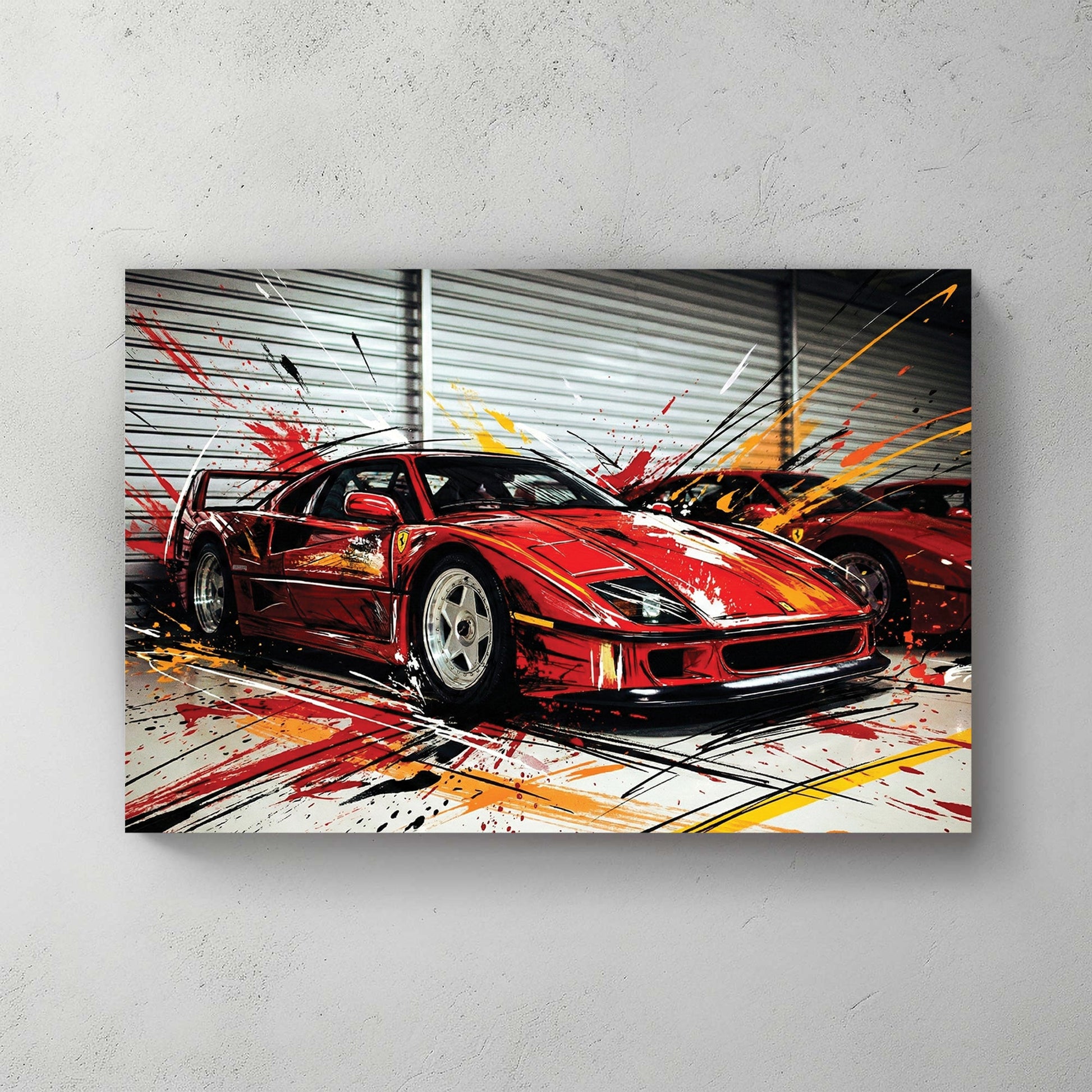 Ferrari F40 street art wall art with red car and urban ink details.