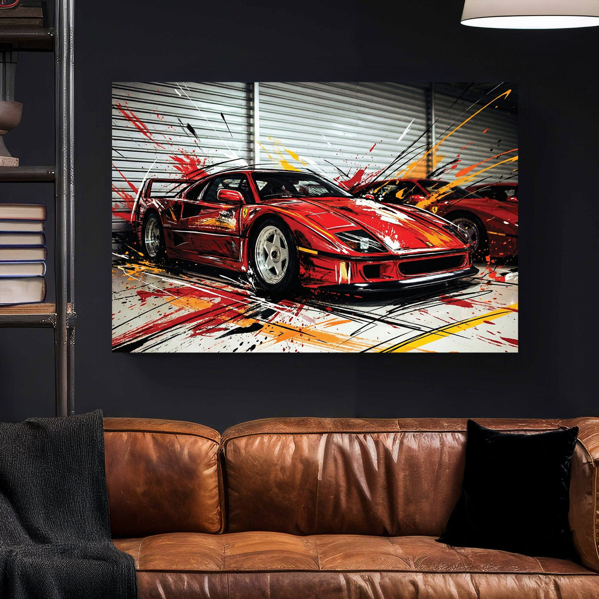 Ferrari F40 street art wall art with red car and urban ink details.