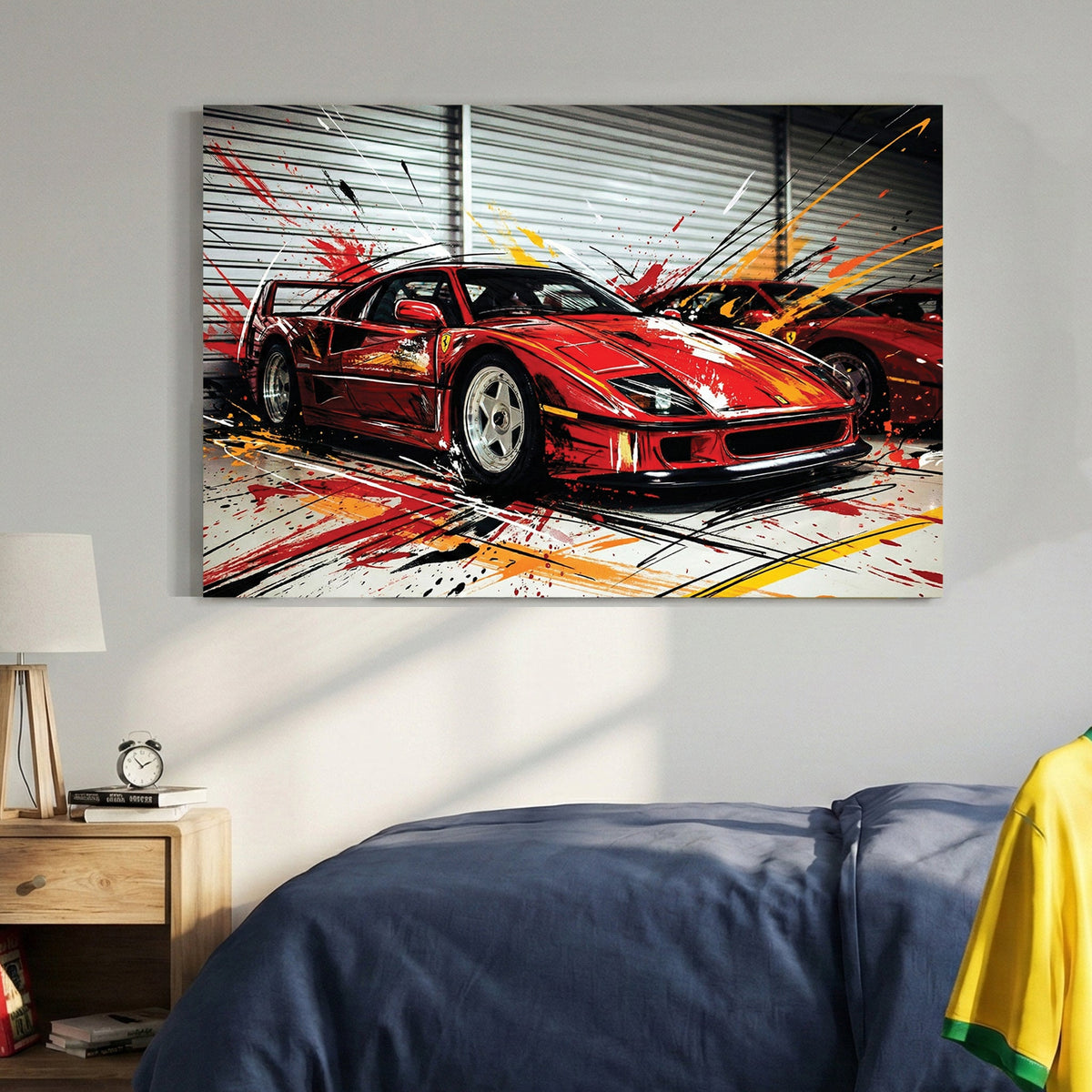 Ferrari F40 street art wall art with red car and urban ink details.
