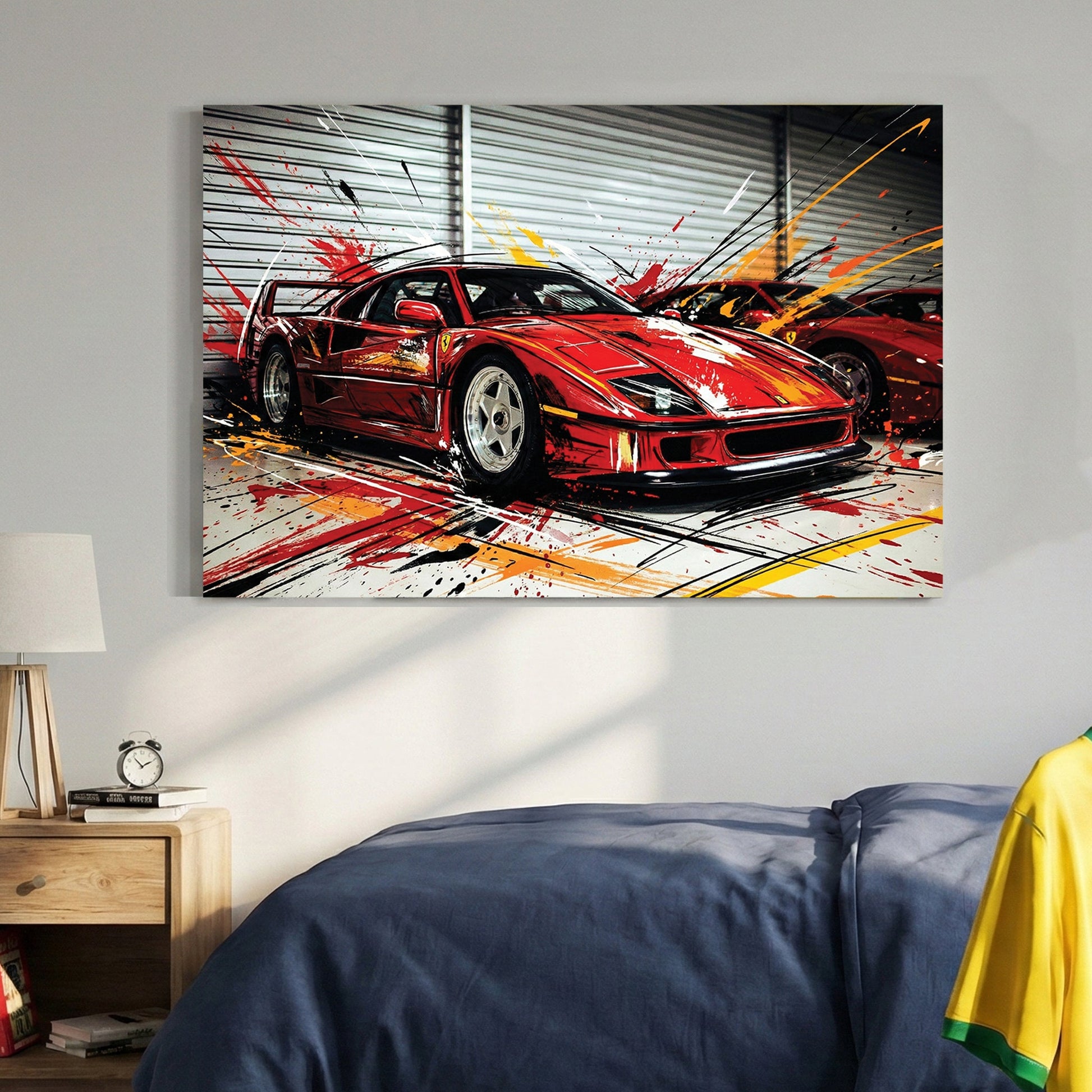 Ferrari F40 street art wall art with red car and urban ink details.