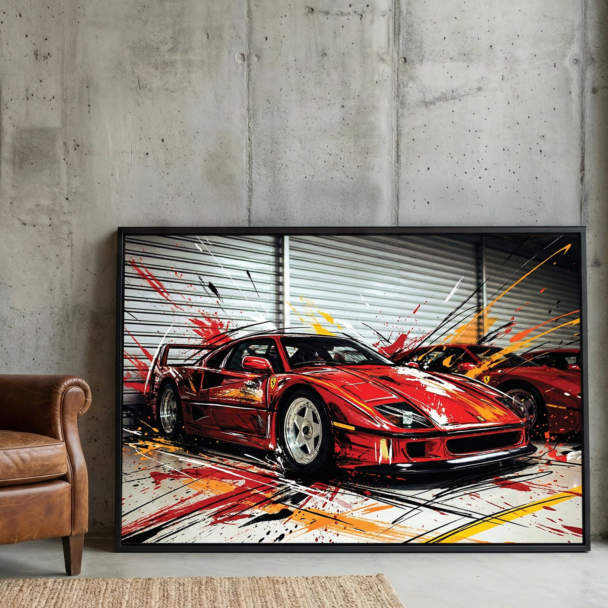 Ferrari F40 street art wall art with red car and urban ink details.