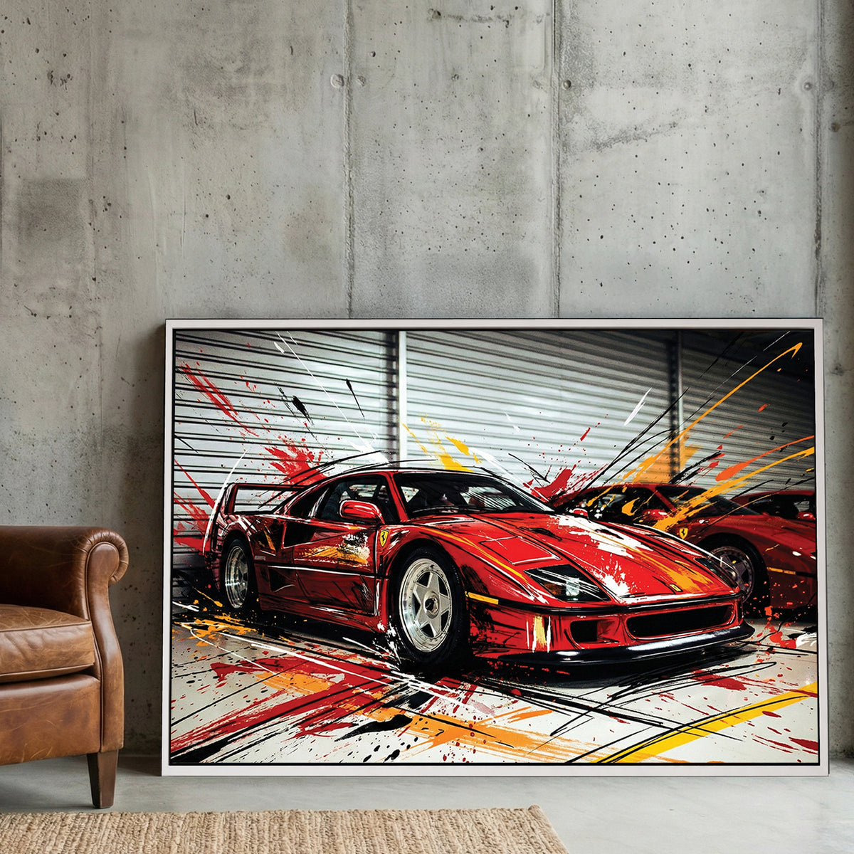 Ferrari F40 street art wall art with red car and urban ink details.
