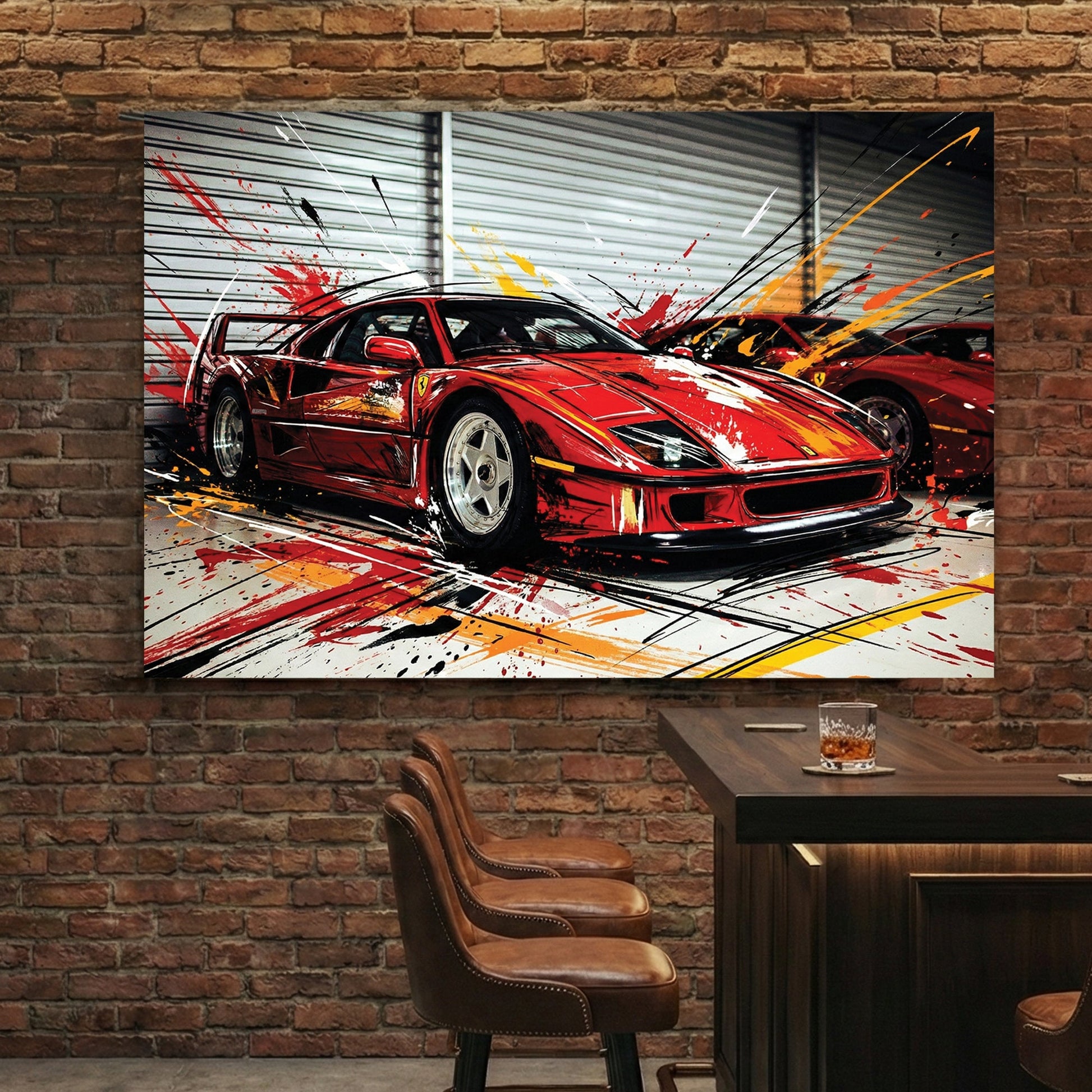 Ferrari F40 street art wall art with red car and urban ink details.