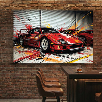 Ferrari F40 street art wall art with red car and urban ink details.