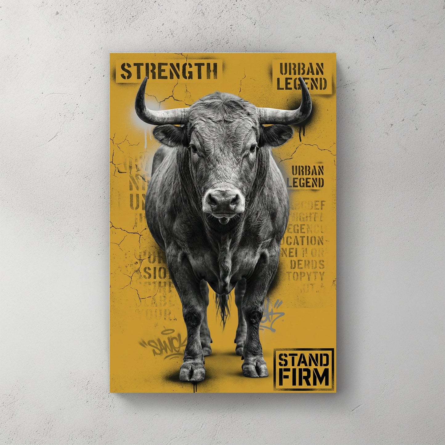 Monochrome bull street art with yellow background and motivational text wall art.