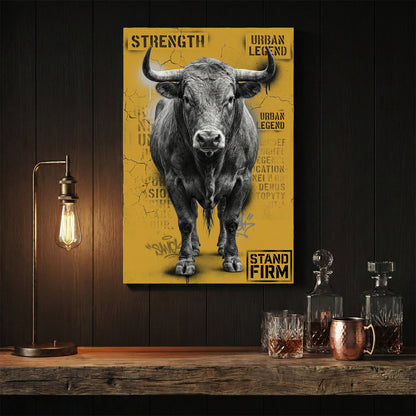 Monochrome bull street art with yellow background and motivational text wall art.